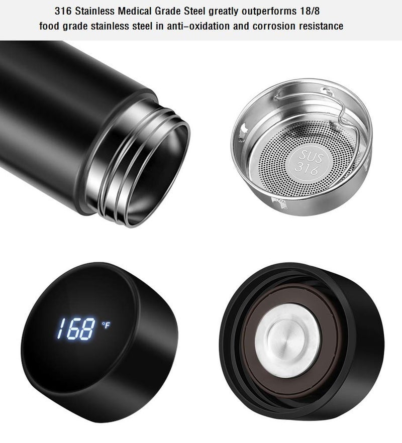 TLINNA Insulated bottle,Coffee bottle,Tea Infuser Bottle,Smart Sports Water Bottle with LED Temperature Display,Double Wall Vacuum Insulated Water Bottle, Stay Hot for 24 Hrs,Cold for 24 Hrs (Black) - Image 2